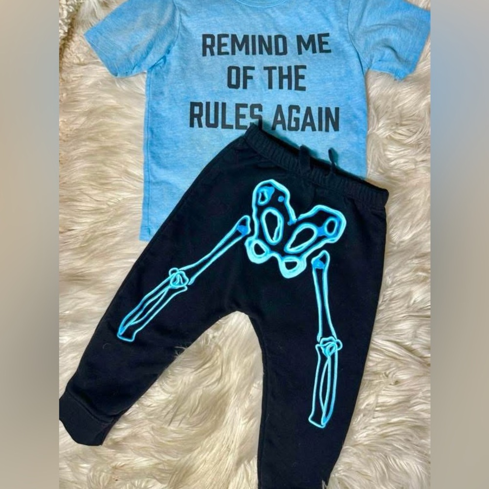 Blue Graphic Tee and Black Skeleton Pants Set- fleece lined 18/24